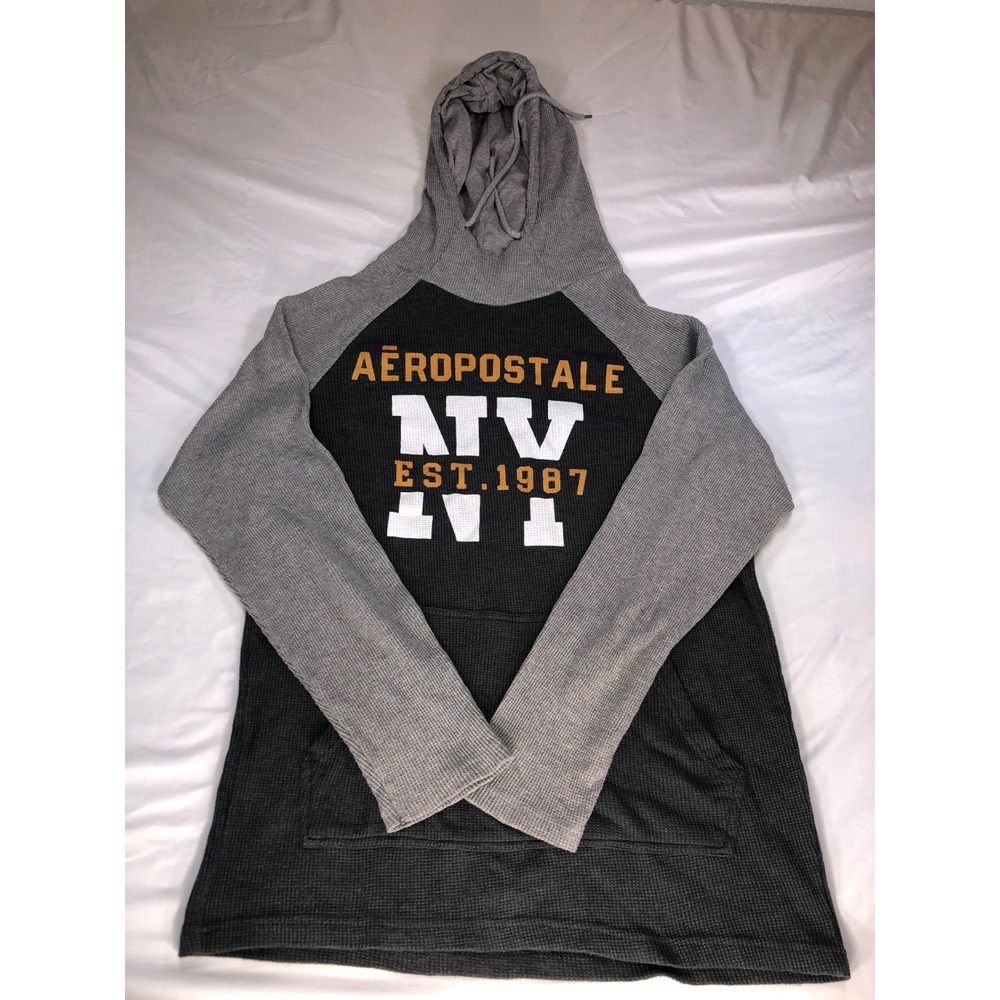 Aeropostale Mens XL Waffle Knit Hoodie Grey Raglan NY Graphic Thermal Pullover